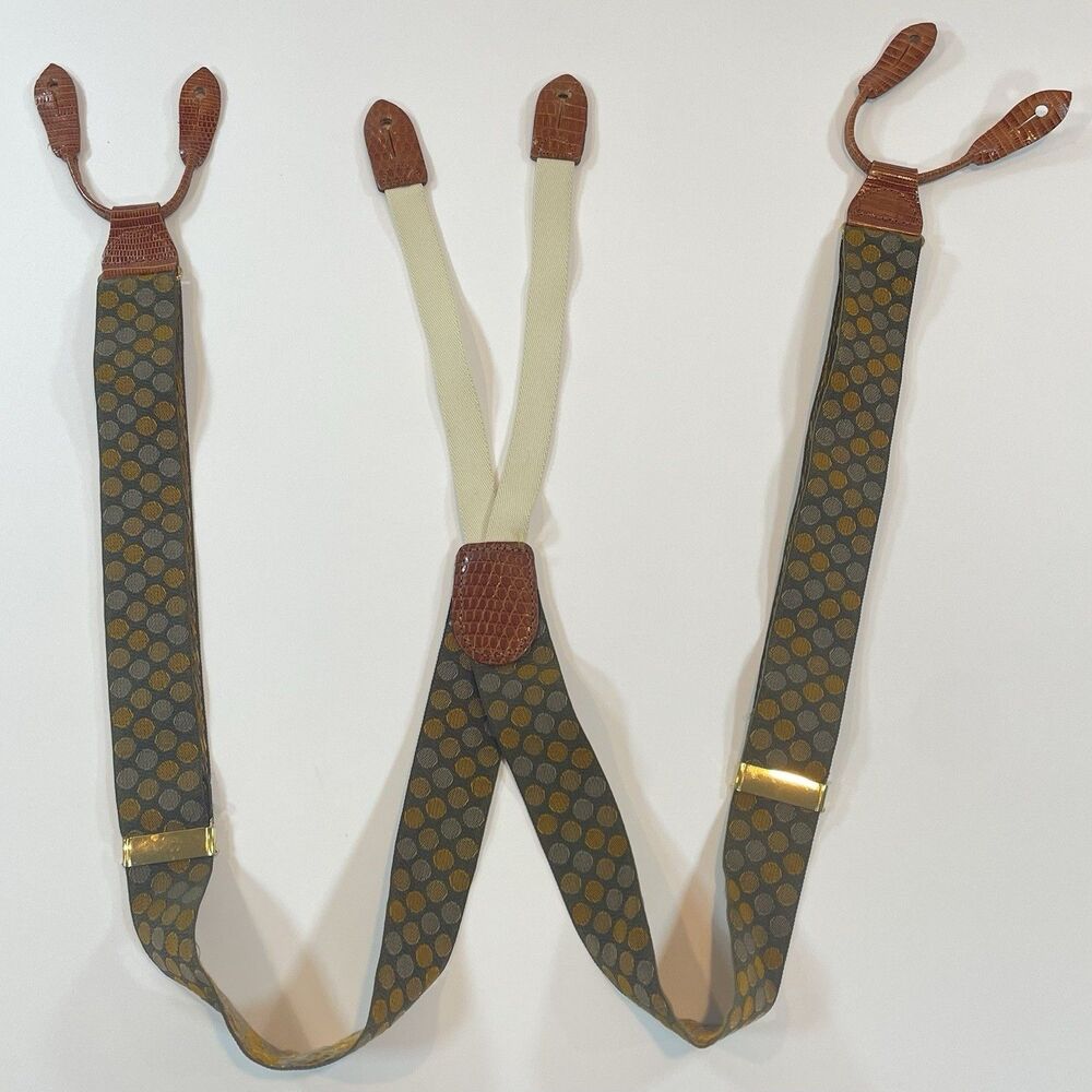 Cole Haan Mens Suspenders Brown Genuine Lizard Green Elastic Brass USA Vintage